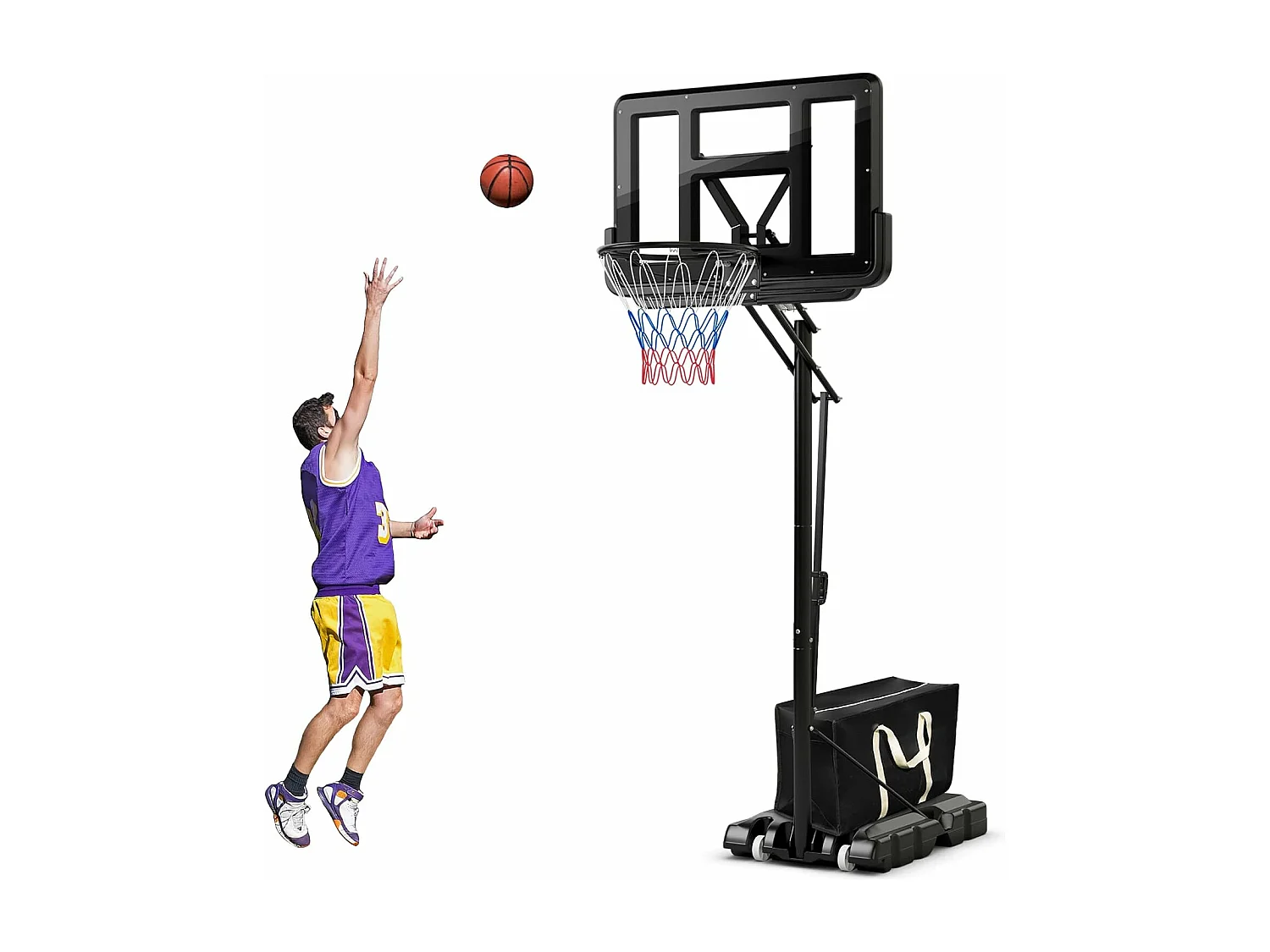 Panier de Basket-Ball sur Pieds Hauteur Réglable 143-305cm, Support de Basket Portable à roulettes avec Sac Sécurisé, Panneau Arrière de 111 cm