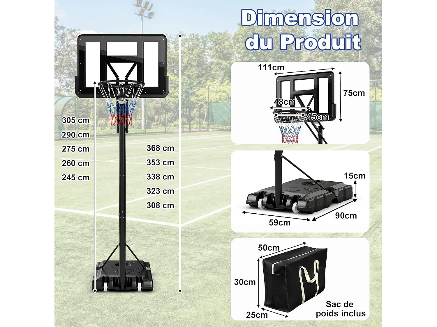 Panier de Basket-Ball sur Pieds Hauteur Réglable 143-305cm, Support de Basket Portable à roulettes avec Sac Sécurisé, Panneau Arrière de 111 cm