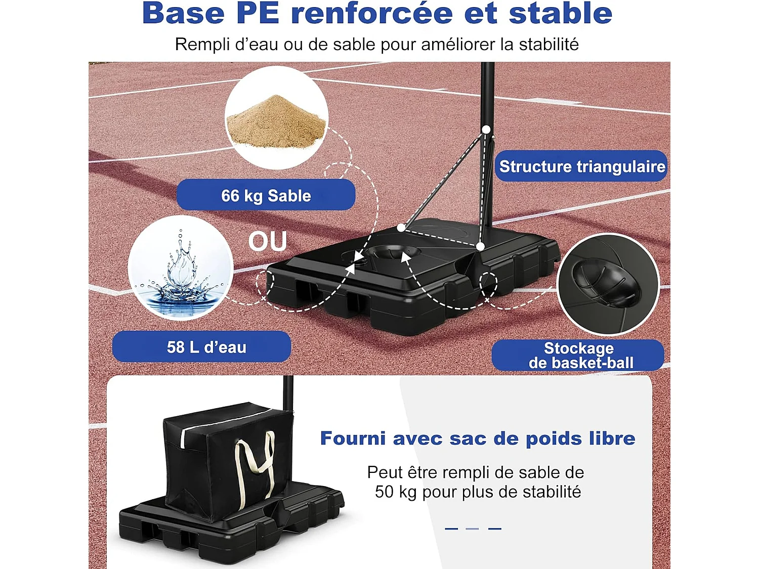 Panier de Basket-Ball sur Pieds Hauteur Réglable 143-305cm, Support de Basket Portable à roulettes avec Sac Sécurisé, Panneau Arrière de 111 cm