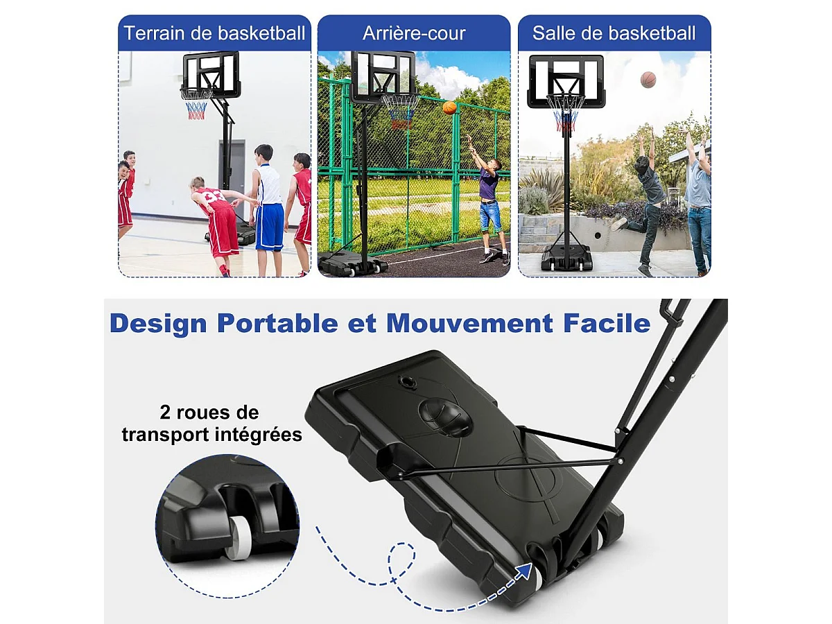 Panier de Basket-Ball sur Pieds Hauteur Réglable 143-305cm, Support de Basket Portable à roulettes avec Sac Sécurisé, Panneau Arrière de 111 cm