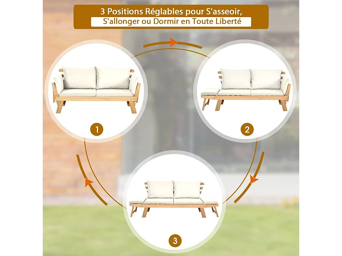 Canapé Lit de Jardin Convertible 2 en 1, Chaise Longue en Bois d'Acacia Certifié FSC Convertible avec Coussin, avec Accoudoir Réglable, Méridienne Extérieure, 198 x 75 x 75 cm, Blanc