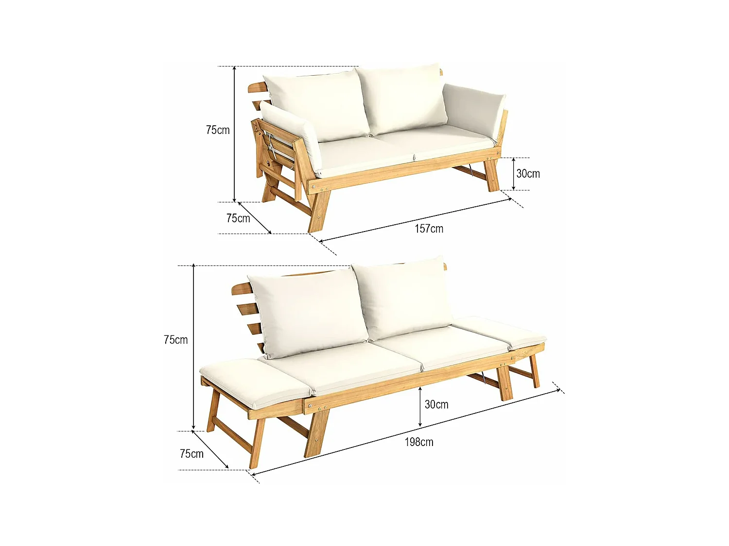 Canapé Lit de Jardin Convertible 2 en 1, Chaise Longue en Bois d'Acacia Certifié FSC Convertible avec Coussin, avec Accoudoir Réglable, Méridienne Extérieure, 198 x 75 x 75 cm, Blanc