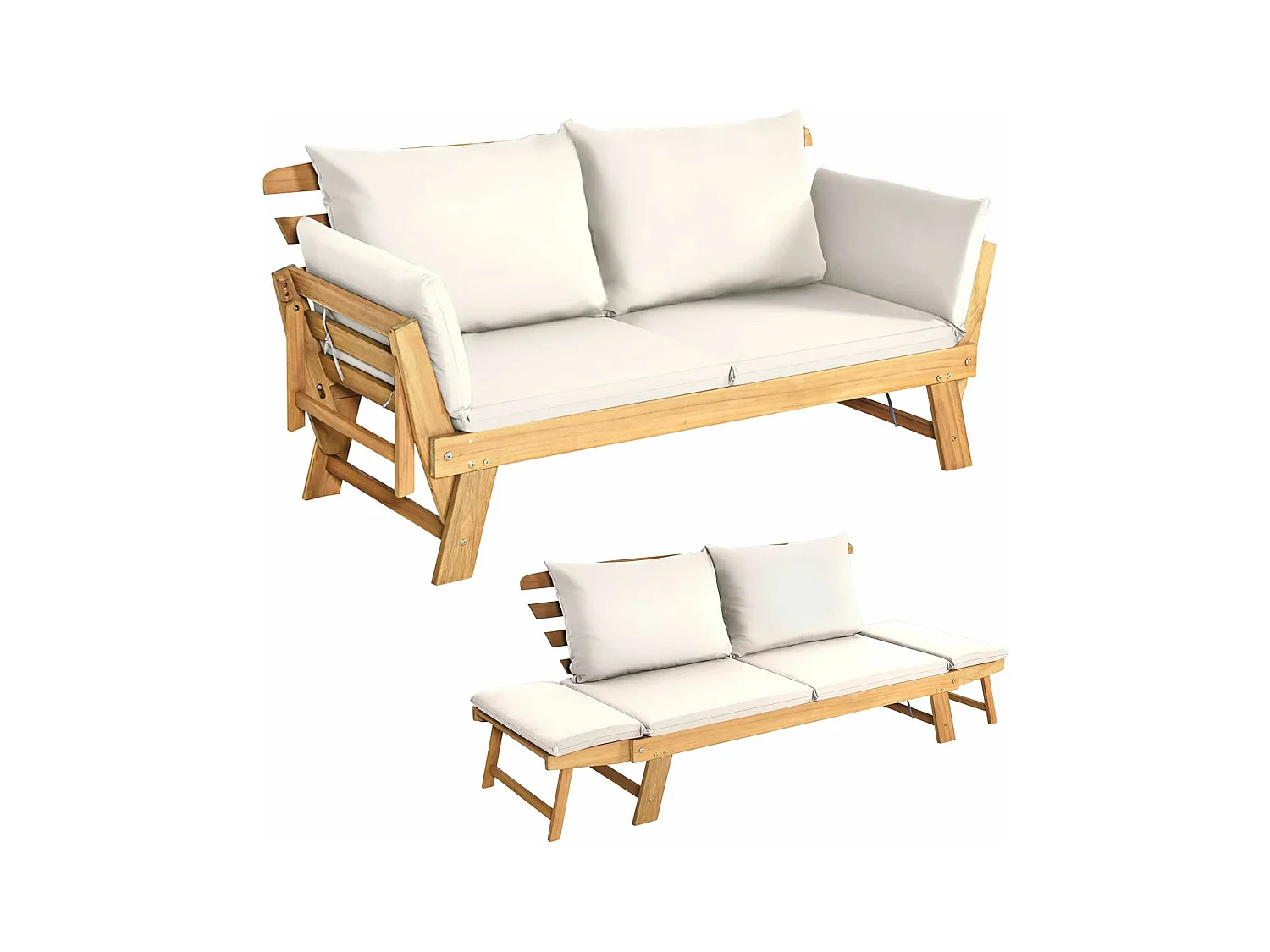 Canapé Lit de Jardin Convertible 2 en 1, Chaise Longue en Bois d'Acacia Certifié FSC Convertible avec Coussin, avec Accoudoir Réglable, Méridienne Extérieure, 198 x 75 x 75 cm, Blanc