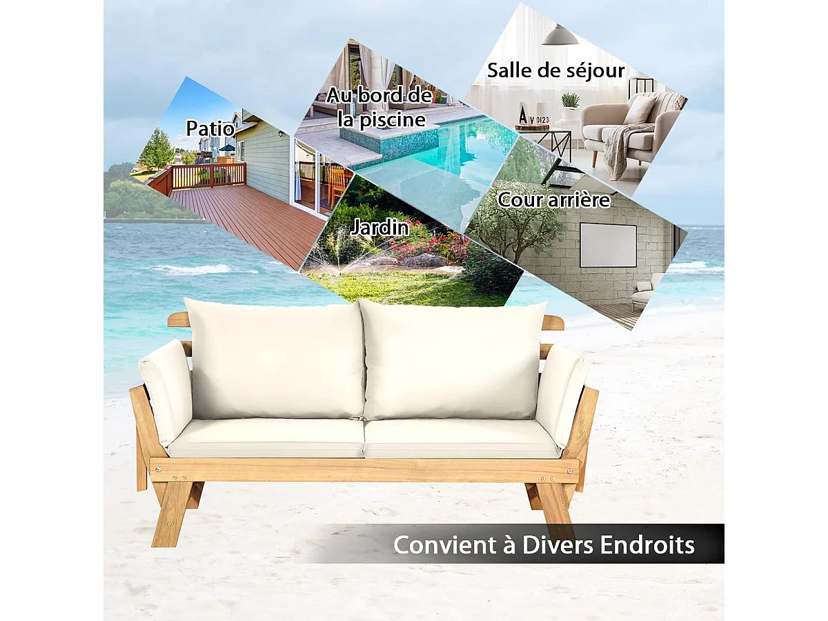 Canapé Lit de Jardin Convertible 2 en 1, Chaise Longue en Bois d'Acacia Certifié FSC Convertible avec Coussin, avec Accoudoir Réglable, Méridienne Extérieure, 198 x 75 x 75 cm, Blanc