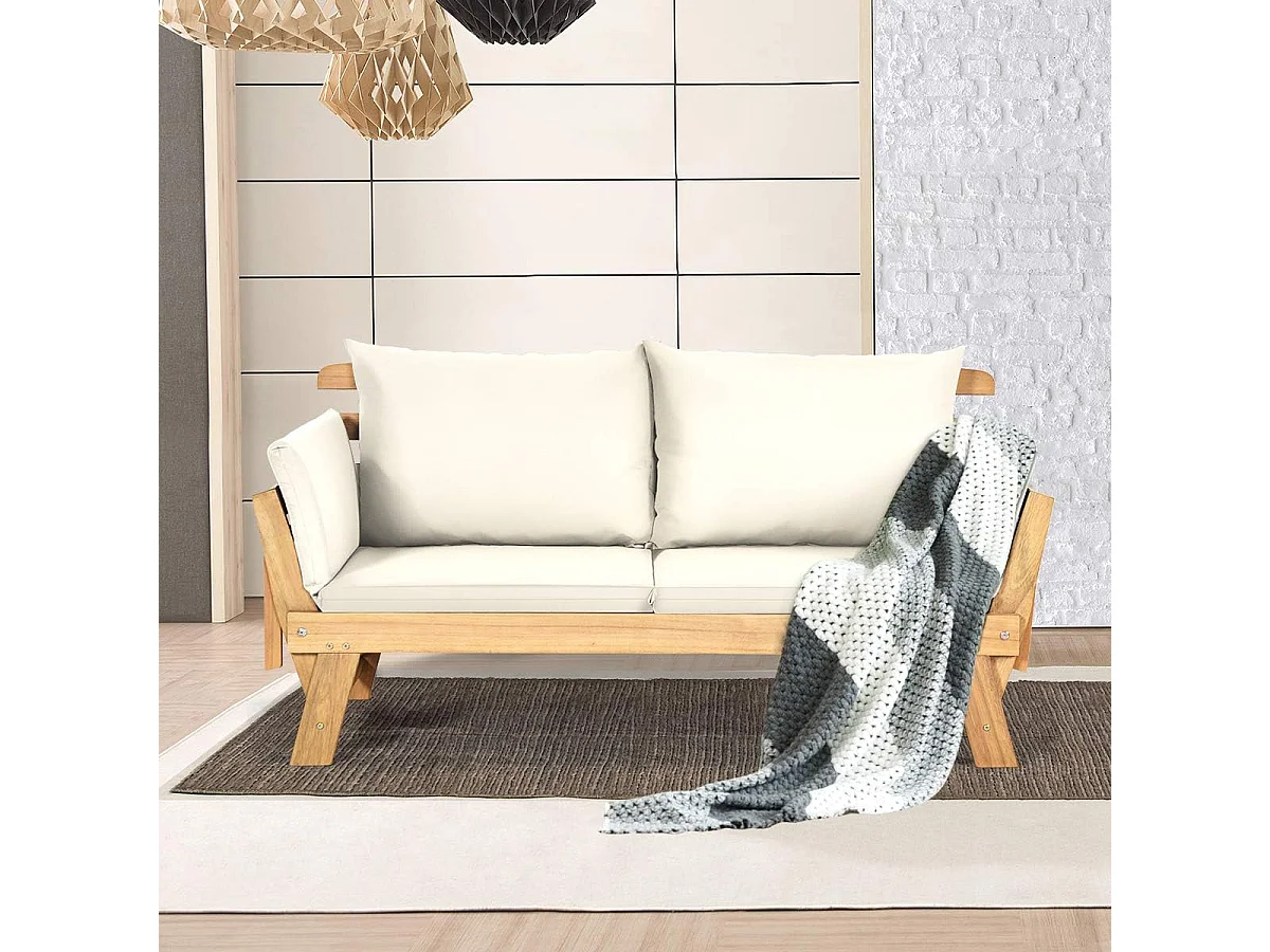 Canapé Lit de Jardin Convertible 2 en 1, Chaise Longue en Bois d'Acacia Certifié FSC Convertible avec Coussin, avec Accoudoir Réglable, Méridienne Extérieure, 198 x 75 x 75 cm, Blanc