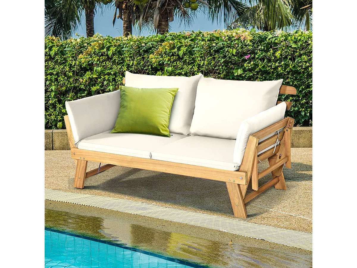 Canapé Lit de Jardin Convertible 2 en 1, Chaise Longue en Bois d'Acacia Certifié FSC Convertible avec Coussin, avec Accoudoir Réglable, Méridienne Extérieure, 198 x 75 x 75 cm, Blanc