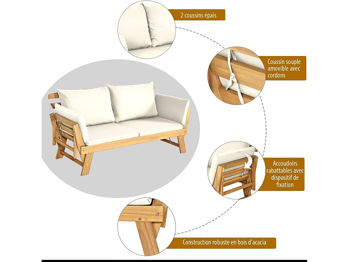 Canapé Lit de Jardin Convertible 2 en 1, Chaise Longue en Bois d'Acacia Certifié FSC Convertible avec Coussin, avec Accoudoir Réglable, Méridienne Extérieure, 198 x 75 x 75 cm, Blanc