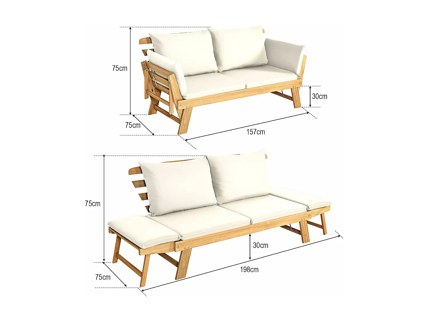 Canapé Lit de Jardin Convertible 2 en 1, Chaise Longue en Bois d'Acacia Certifié FSC Convertible avec Coussin, avec Accoudoir Réglable, Méridienne Extérieure, 198 x 75 x 75 cm, Blanc