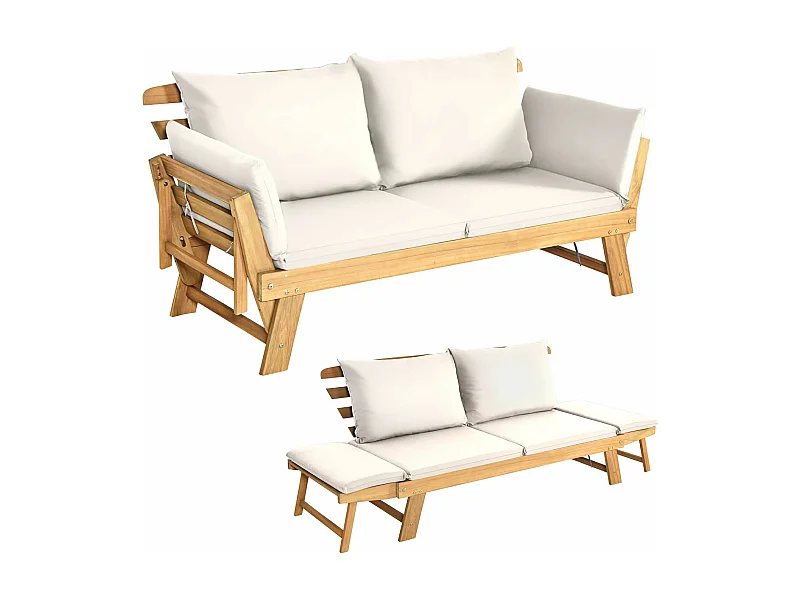 2-in-1 converteerbare FSC-gecertificeerde loungestoel van acaciahout met kussen, met verstelbare armleuning, ligbed voor buiten, 198 x 75 x 75 cm, wit