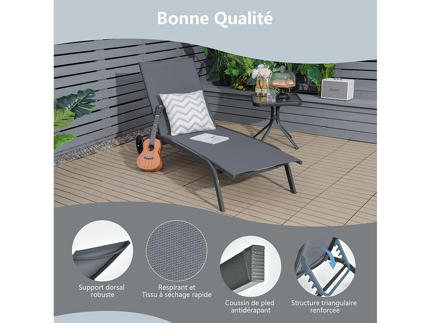 Chaise Longue de Jardin, Réglable à 6 Positions, Bain de Soleil, Transat de Relaxation pour Bord de Piscine, Cour et Jardin,Gris