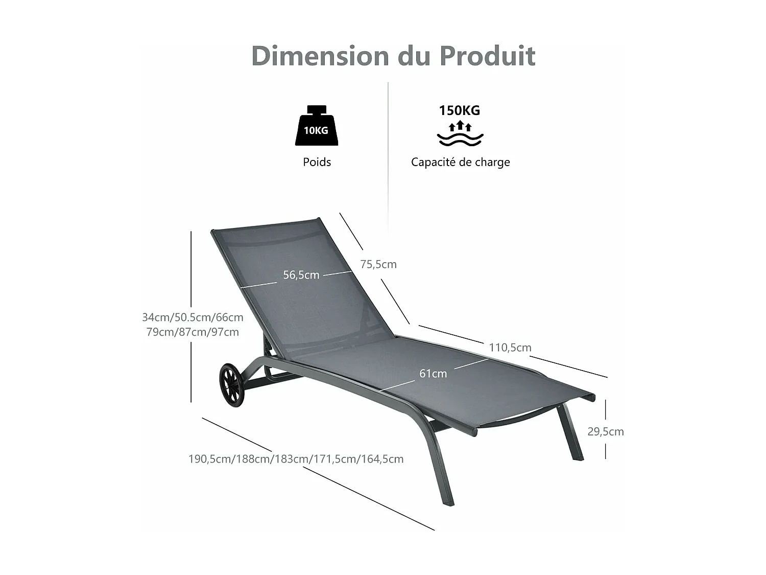 Chaise Longue de Jardin, Réglable à 6 Positions, Bain de Soleil, Transat de Relaxation pour Bord de Piscine, Cour et Jardin,Gris