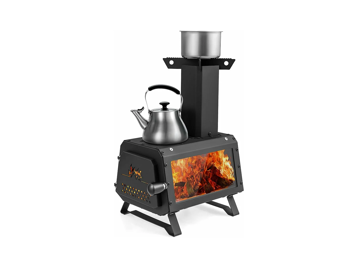 Mini Poêle à Bois Portable en Acier Carbone avec 2 Positions de Cuisson, Réchaud à Bois avec Poignée Anti-brûlure Fenêtre en Verre Résistant pour Cuisine CamBoisg Barbecue