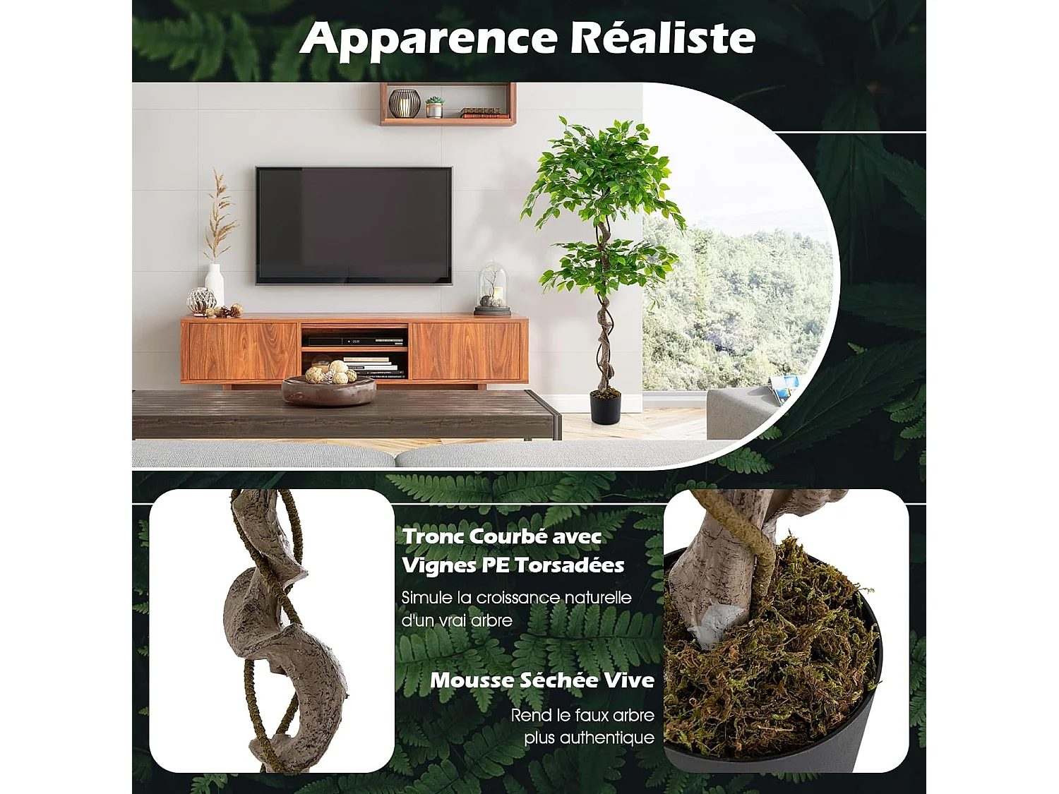 Plante Artificielle de 150CM avec Pot Rempli de Ciment, Ficus Artificiel avec 882 Feuilles Tronc Réaliste Mousse Séchée, Arbre Décoration du Magasin Bureau Maison