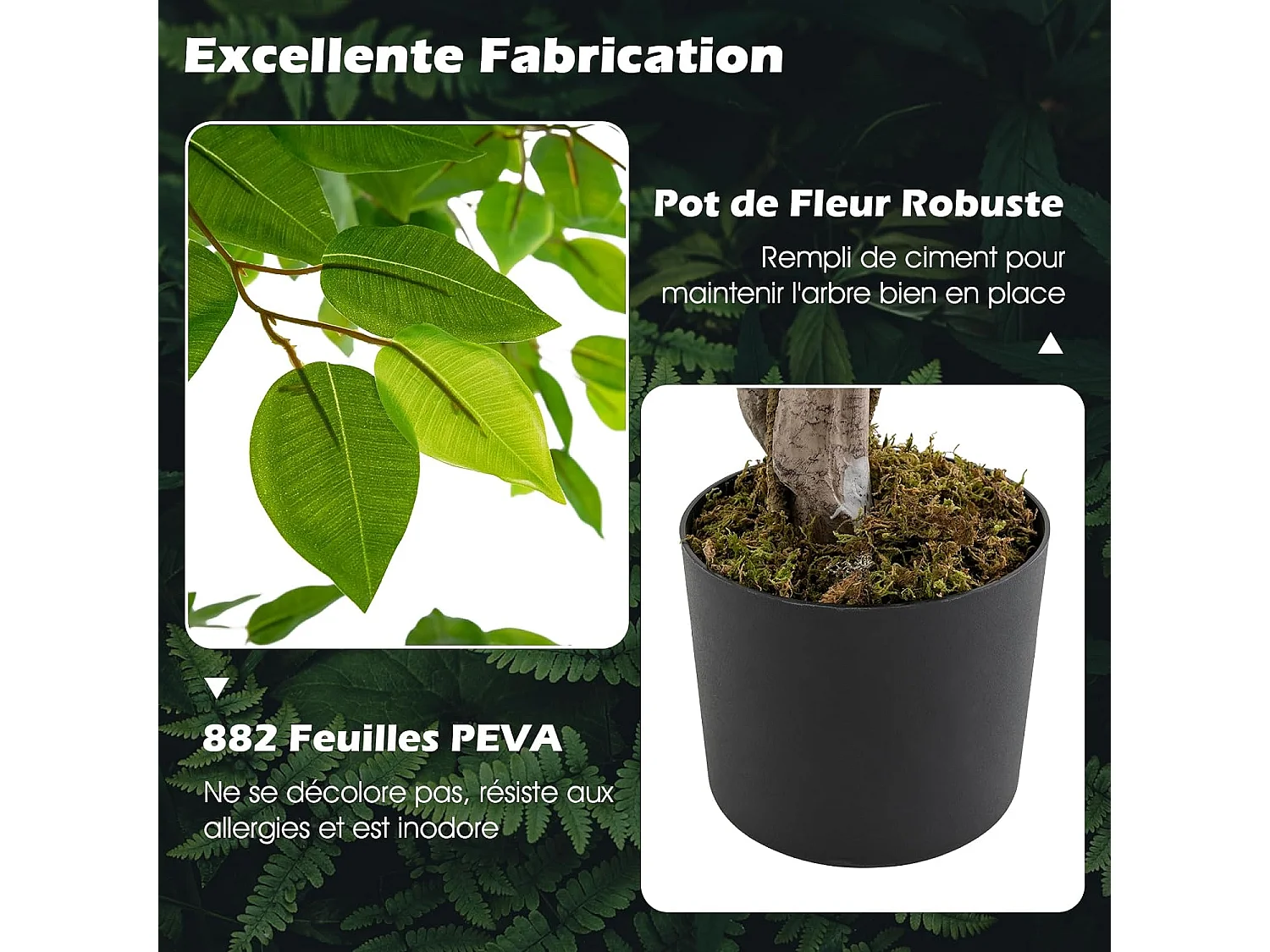 Plante Artificielle de 150CM avec Pot Rempli de Ciment, Ficus Artificiel avec 882 Feuilles Tronc Réaliste Mousse Séchée, Arbre Décoration du Magasin Bureau Maison