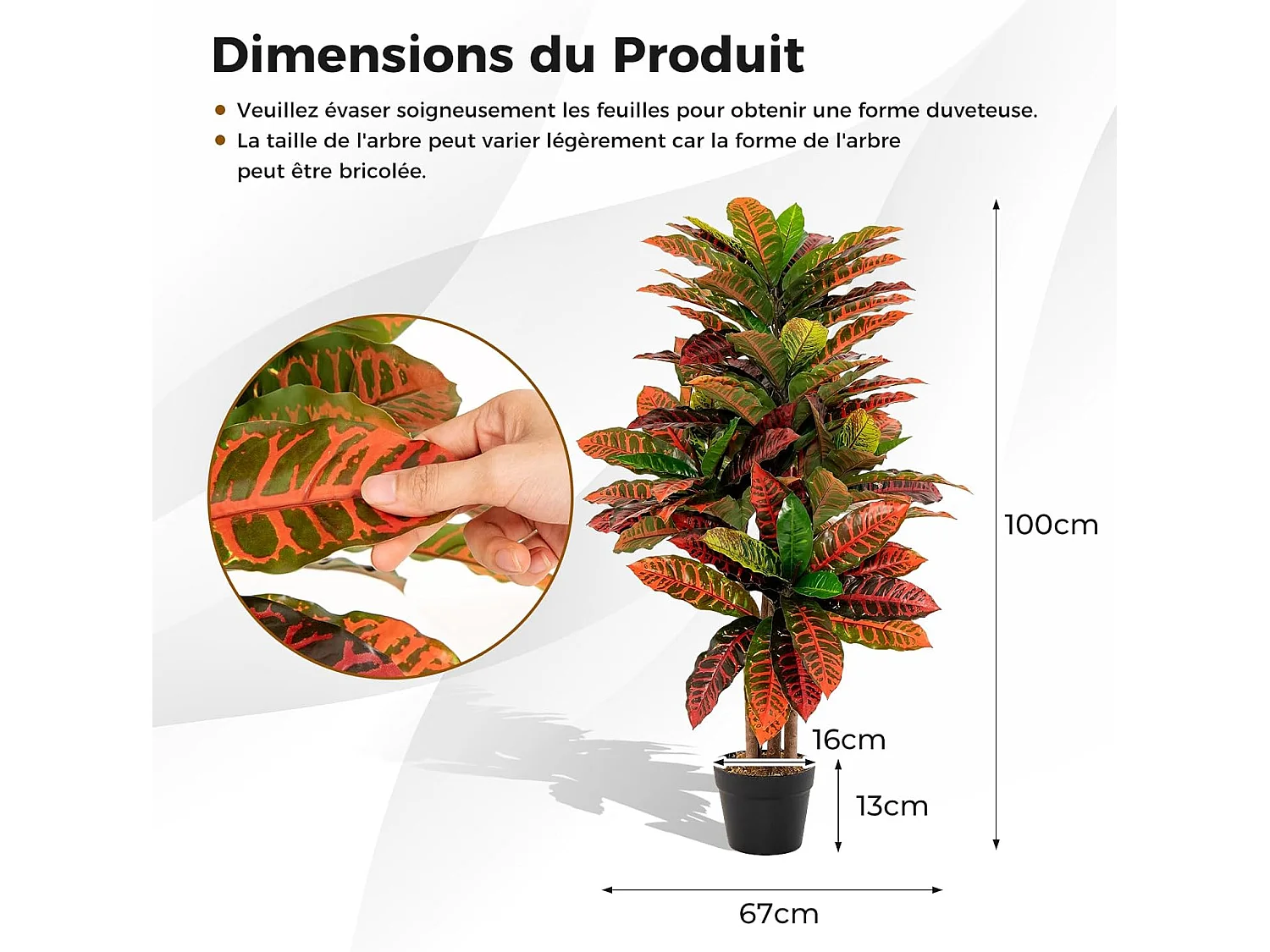 Plante Artificielle de Croton 100CM avec Pot Rempli de Ciment, Fausse Arbre Feuilles Panachées Colorées Tronc en Bois Naturel, Décoration du Magasin Bureau Maison
