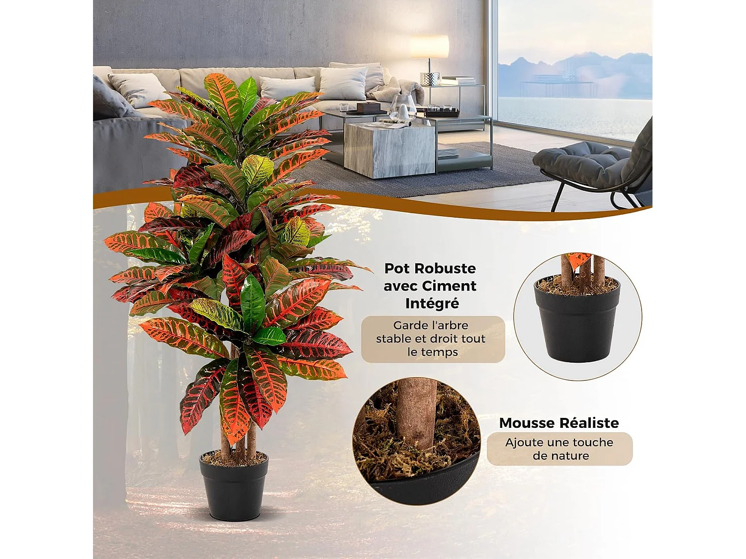 Plante Artificielle de Croton 100CM avec Pot Rempli de Ciment, Fausse Arbre Feuilles Panachées Colorées Tronc en Bois Naturel, Décoration du Magasin Bureau Maison
