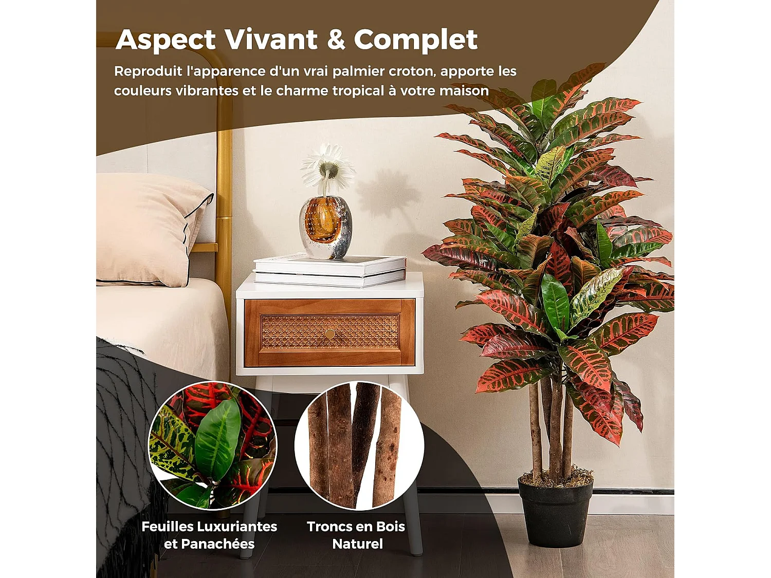Plante Artificielle de Croton 100CM avec Pot Rempli de Ciment, Fausse Arbre Feuilles Panachées Colorées Tronc en Bois Naturel, Décoration du Magasin Bureau Maison