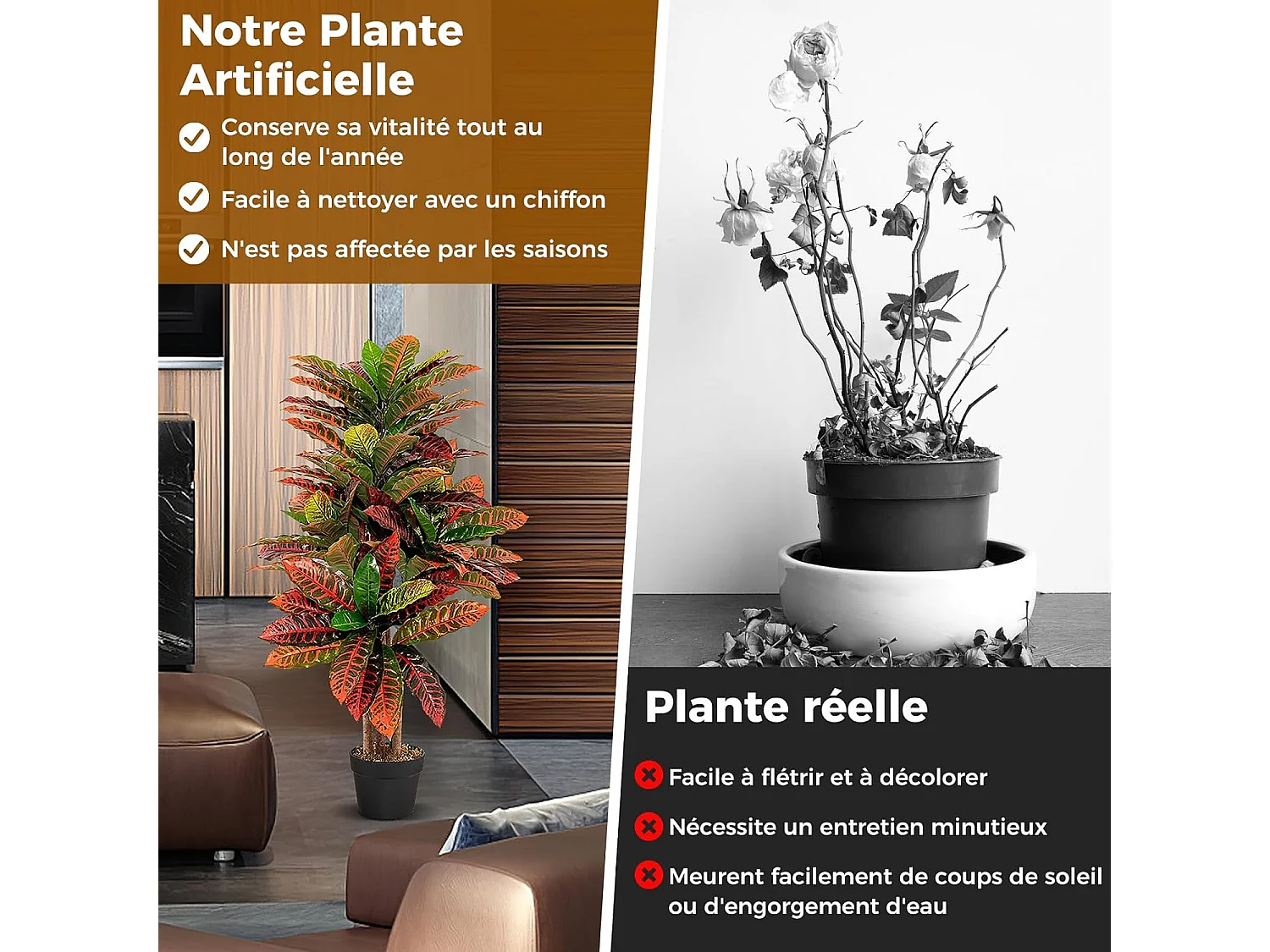 Plante Artificielle de Croton 100CM avec Pot Rempli de Ciment, Fausse Arbre Feuilles Panachées Colorées Tronc en Bois Naturel, Décoration du Magasin Bureau Maison