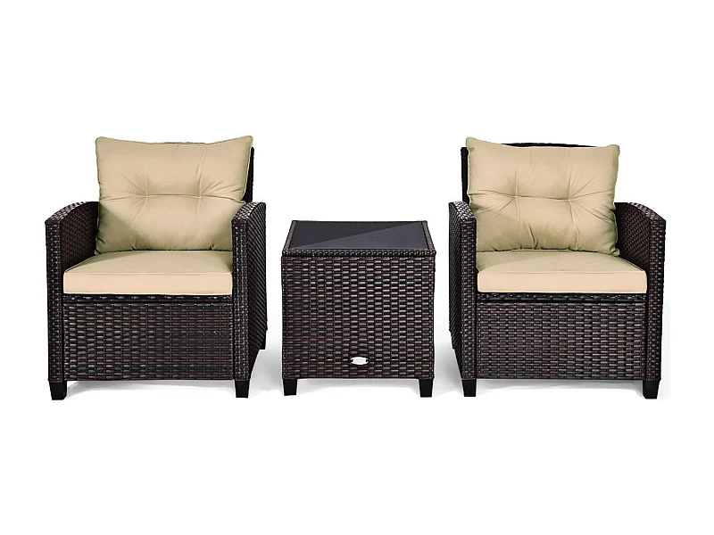 Salon de Jardin en Rotin et fibre naturelle - 3 Pièces - Charge 180KG - 2 Fauteuils et Table Basse avec Plateau en Verre Trempé – Marron