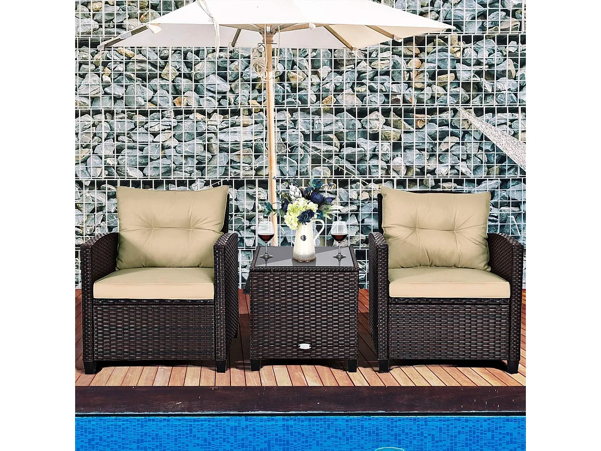 Salon de Jardin en Rotin et fibre naturelle - 3 Pièces - Charge 180KG - 2 Fauteuils et Table Basse avec Plateau en Verre Trempé – Marron