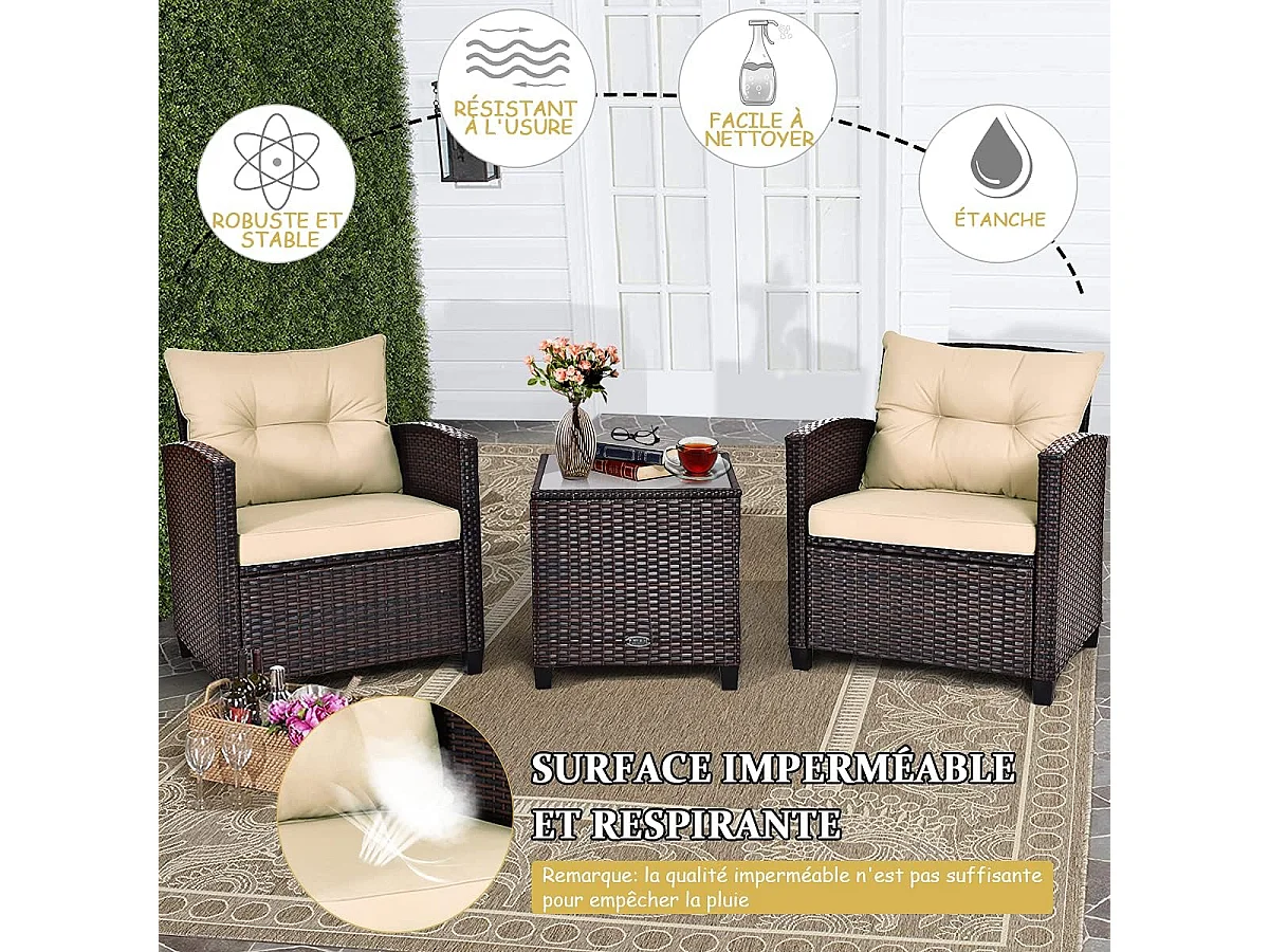 Salon de Jardin en Rotin et fibre naturelle - 3 Pièces - Charge 180KG - 2 Fauteuils et Table Basse avec Plateau en Verre Trempé – Marron