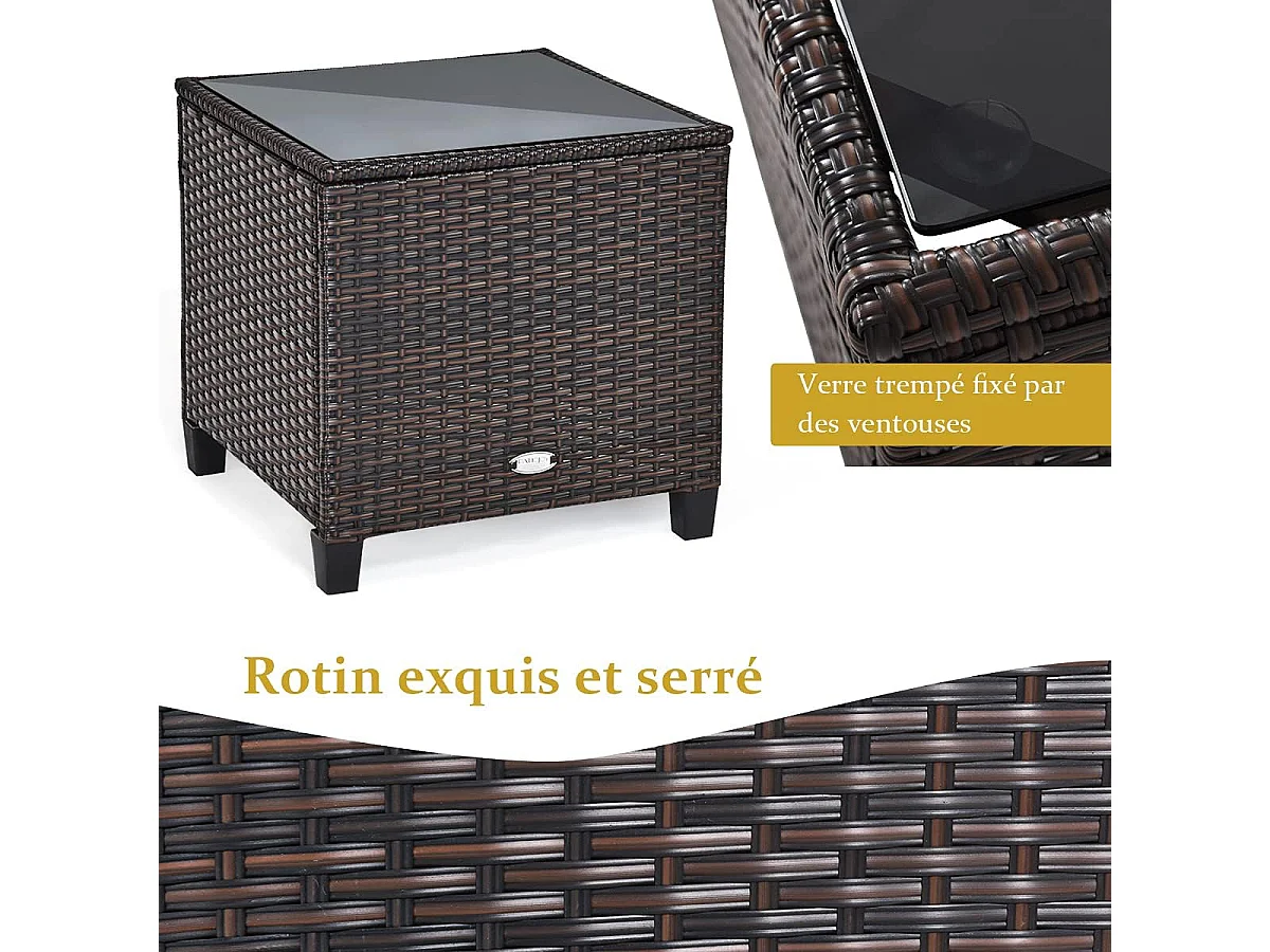 Salon de Jardin en Rotin et fibre naturelle - 3 Pièces - Charge 180KG - 2 Fauteuils et Table Basse avec Plateau en Verre Trempé – Marron
