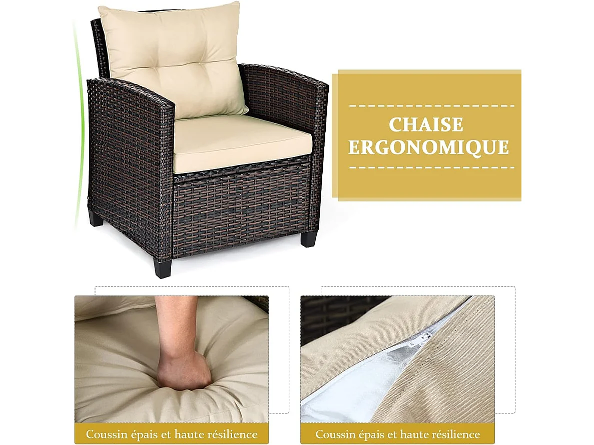 Salon de Jardin en Rotin et fibre naturelle - 3 Pièces - Charge 180KG - 2 Fauteuils et Table Basse avec Plateau en Verre Trempé – Marron