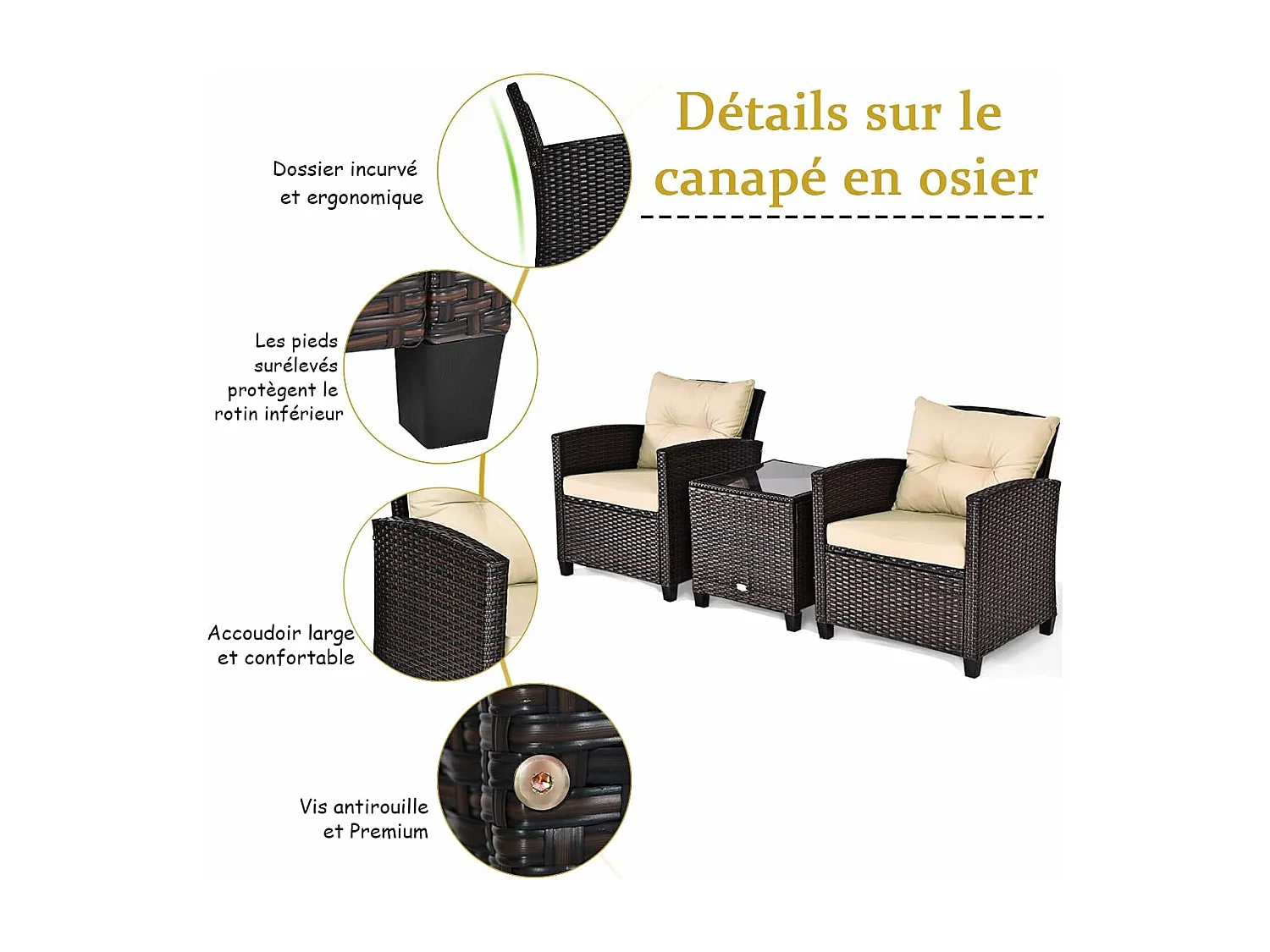 Salon de Jardin en Rotin et fibre naturelle - 3 Pièces - Charge 180KG - 2 Fauteuils et Table Basse avec Plateau en Verre Trempé – Marron