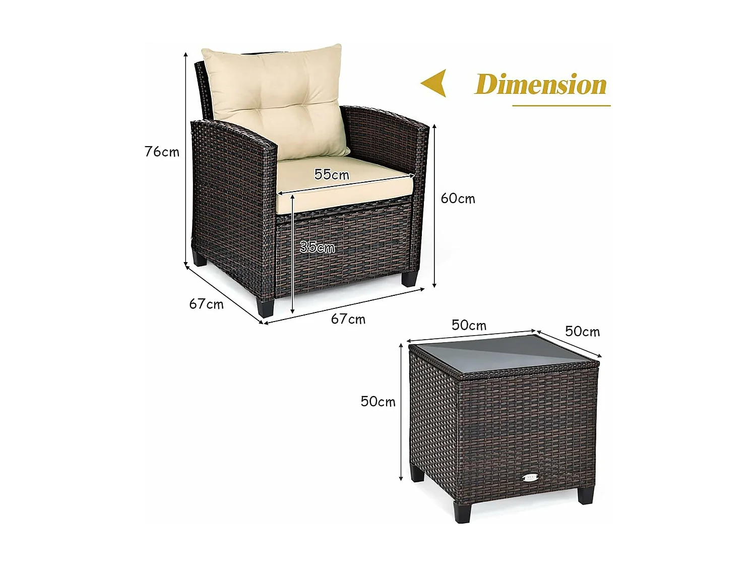 Salon de Jardin en Rotin et fibre naturelle - 3 Pièces - Charge 180KG - 2 Fauteuils et Table Basse avec Plateau en Verre Trempé – Marron