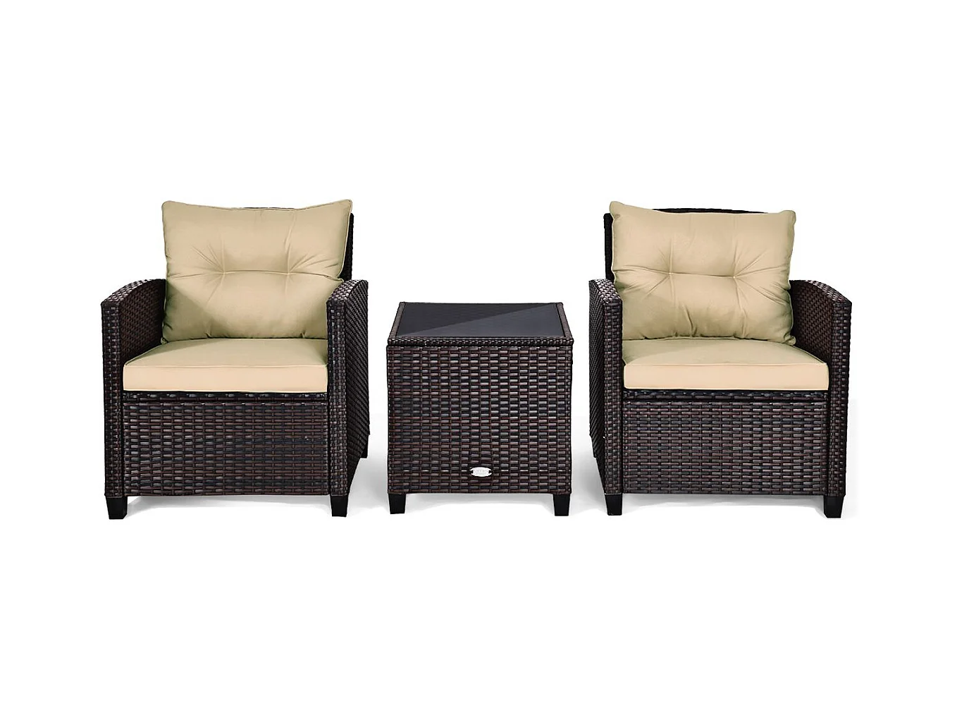 Tuinmeubelset van rotan en natuurlijke vezels - 3 stuks - Belasting 180 kg - 2 fauteuils en salontafel met gehard glazen blad - Bruin