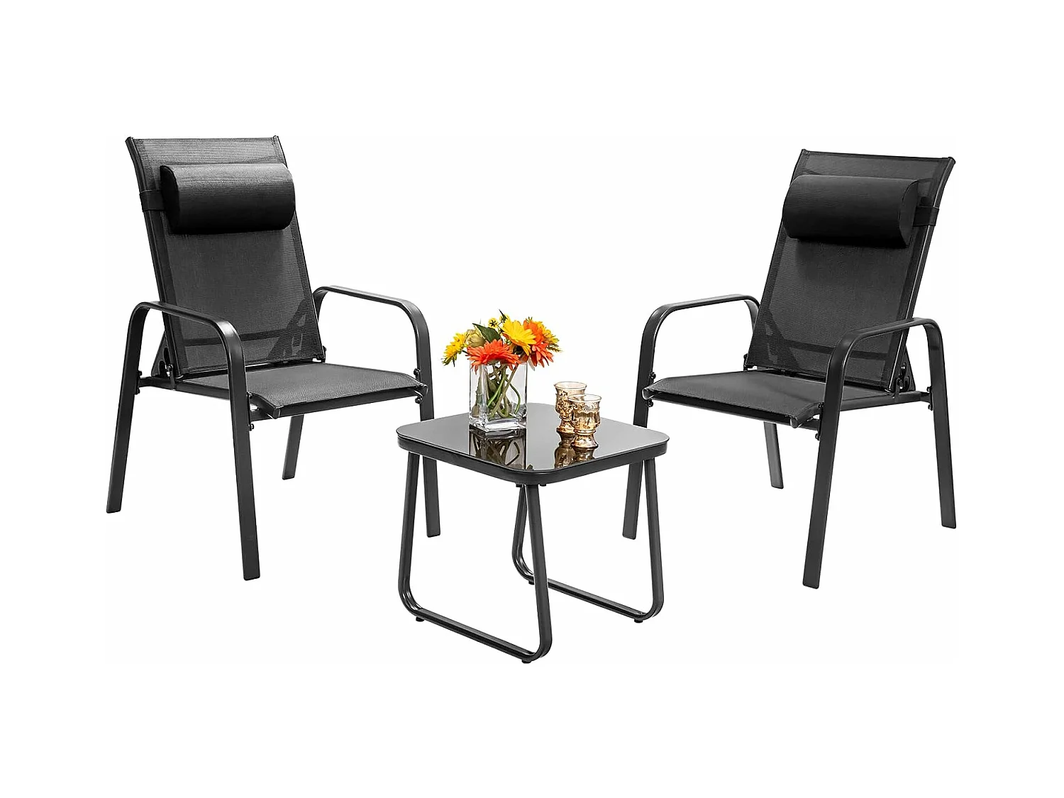 Set van 2 opvouwbare stoelen met salontafel, 3-delige relaxfauteuil, 3-delige Teslin stoffen tuinmeubelset met stalen frame (zwart)