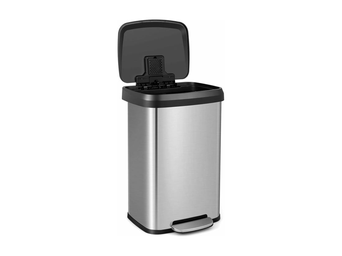 vente unique Poubelle Cuisine 50 Litres en Acier Métal Poubelle Rectangulaire Pédale Amortisseur Casier Désodorisant Couvercle Fermeture Douce Anti-Empreintes pour Bureau Salle de Bain (Argent)