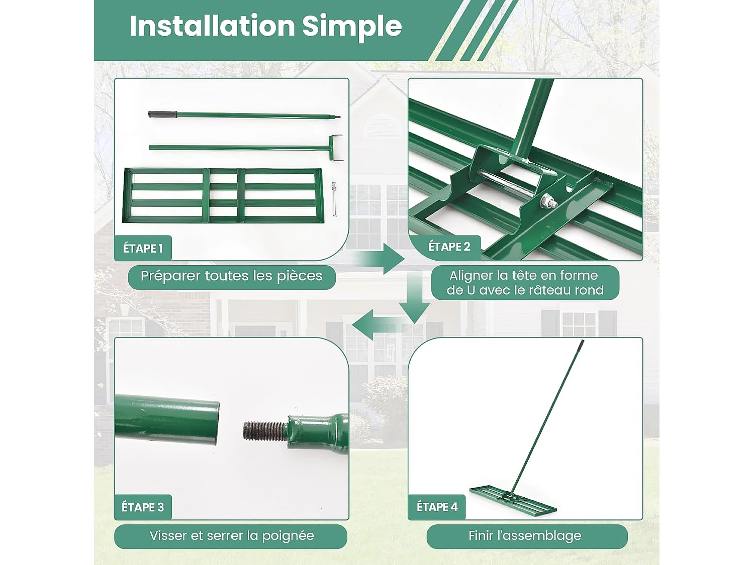 Râteau de Nivellement de Pelouse 91 x 25 cm, Râteau de Jardin en Métal avec Poignée Ergonomique, Outil de Niveau de Pelouse pour Jardin CourTerrain de Golf Ferme