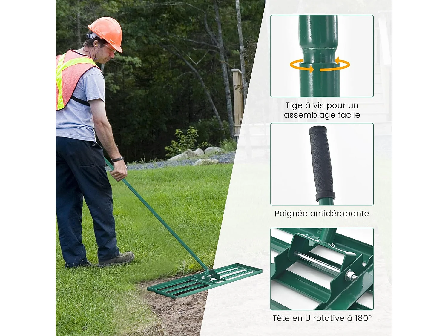 Râteau de Nivellement de Pelouse 91 x 25 cm, Râteau de Jardin en Métal avec Poignée Ergonomique, Outil de Niveau de Pelouse pour Jardin CourTerrain de Golf Ferme