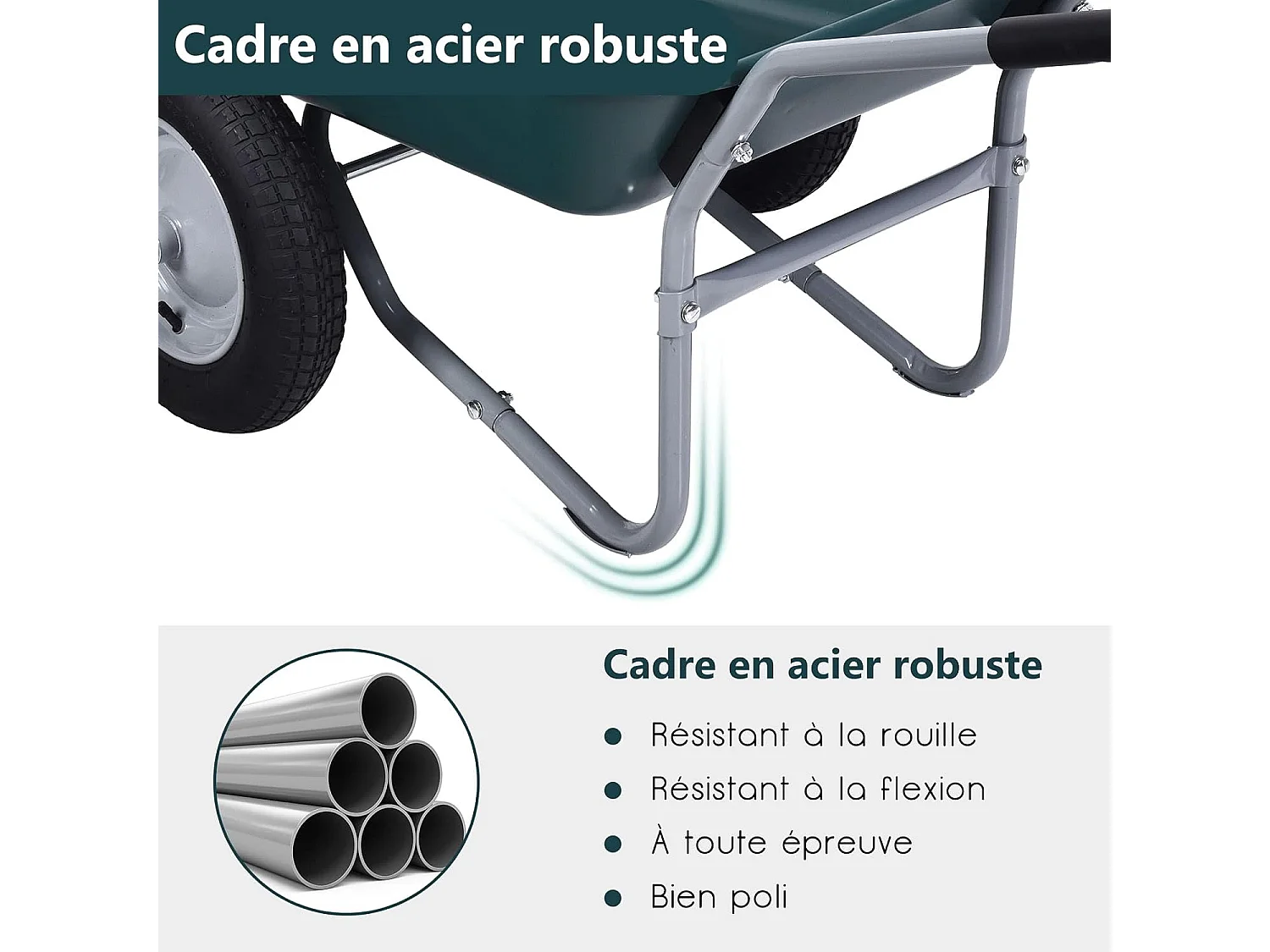 Brouette de Jardin 2 Roues Pneus Pneumatiques Ø35cm 75L Charge Max 150KG Résistante en Fer pour Jardinage/Maçonnerie Vert