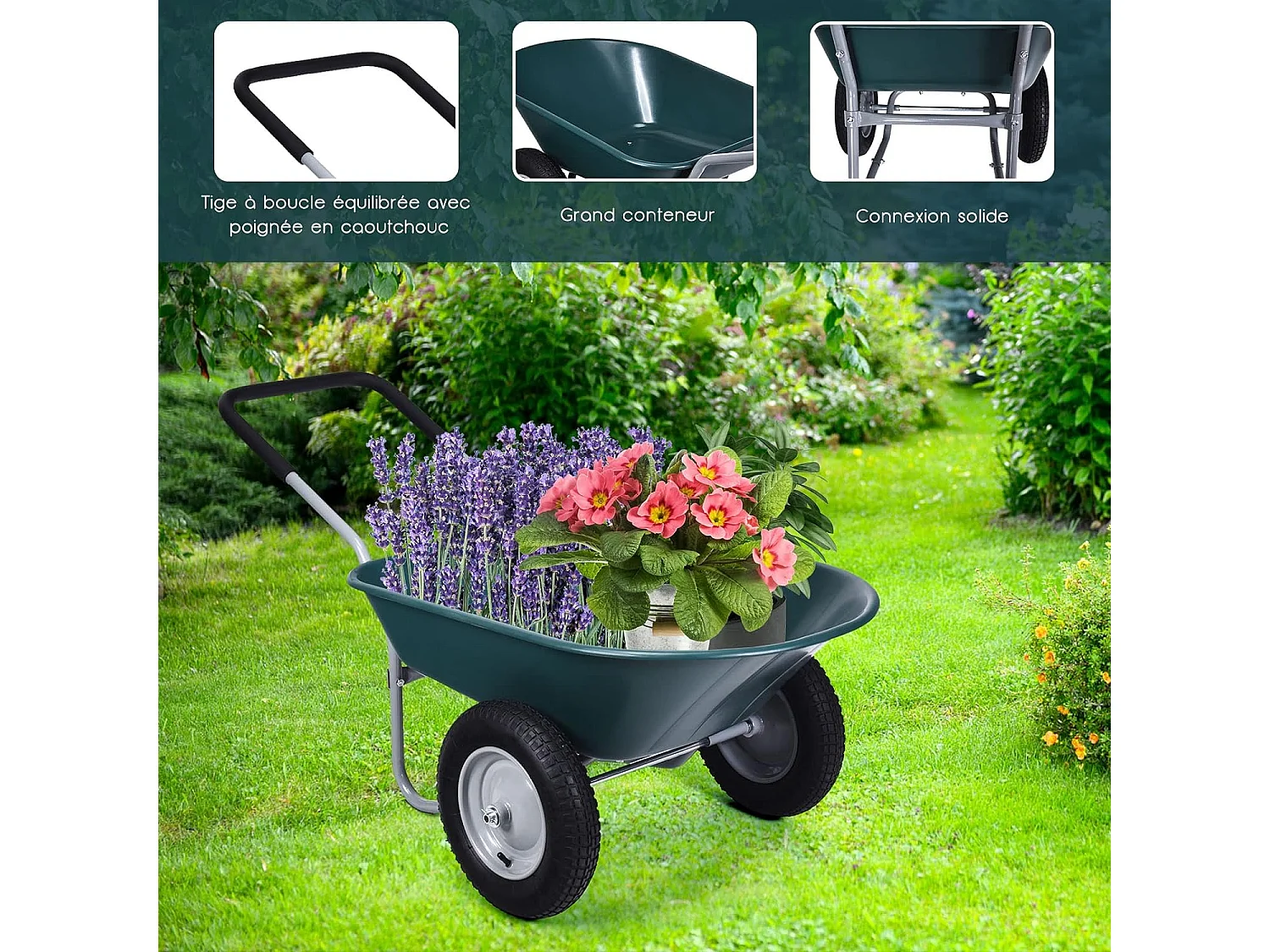 Brouette de Jardin 2 Roues Pneus Pneumatiques Ø35cm 75L Charge Max 150KG Résistante en Fer pour Jardinage/Maçonnerie Vert