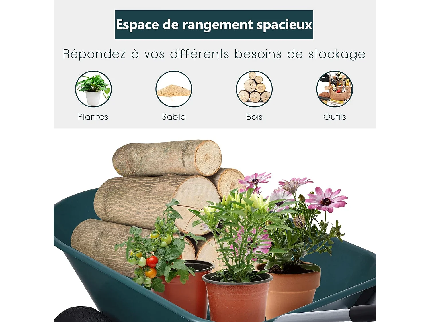 Brouette de Jardin 2 Roues Pneus Pneumatiques Ø35cm 75L Charge Max 150KG Résistante en Fer pour Jardinage/Maçonnerie Vert