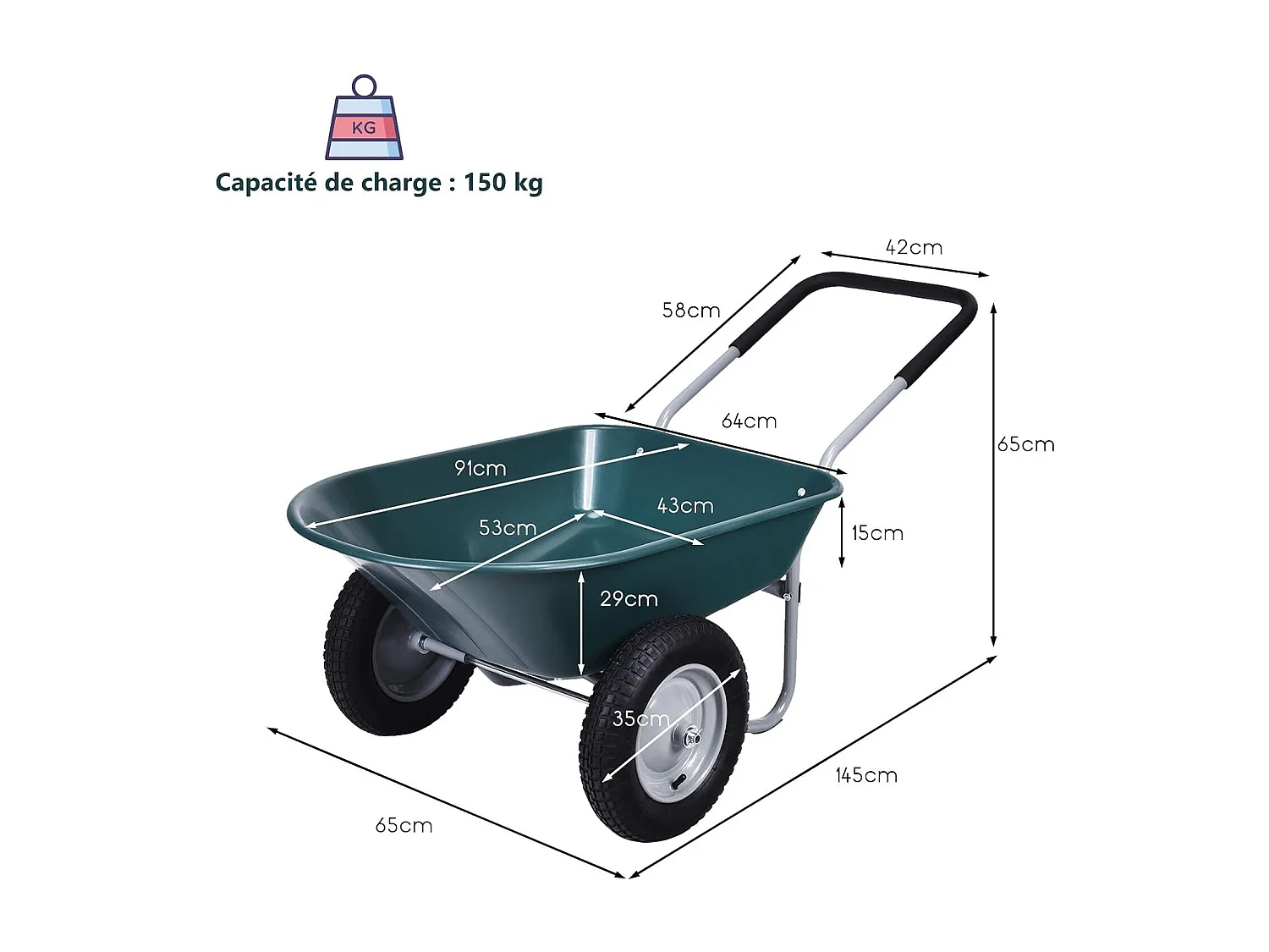 Brouette de Jardin 2 Roues Pneus Pneumatiques Ø35cm 75L Charge Max 150KG Résistante en Fer pour Jardinage/Maçonnerie Vert