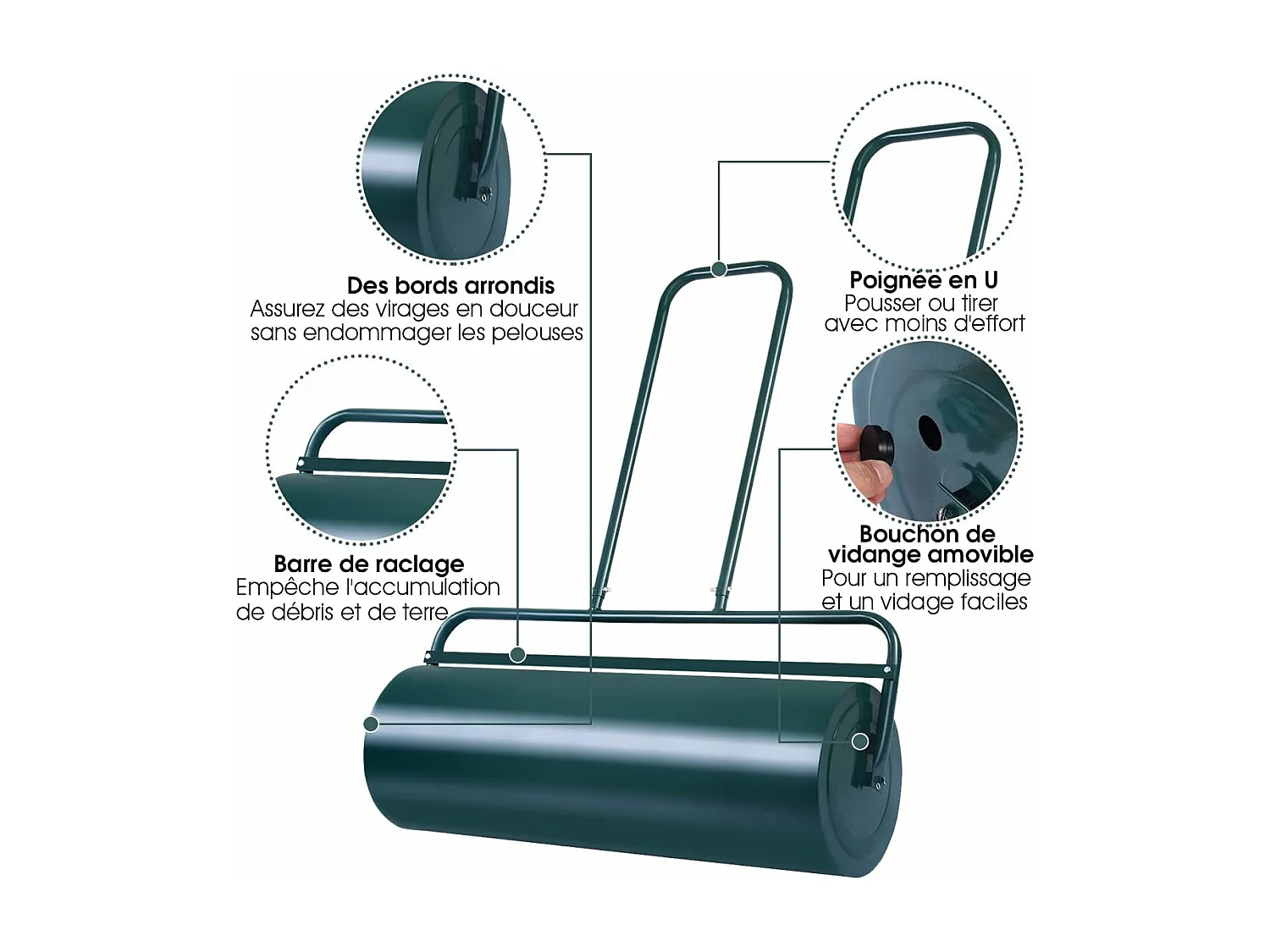 Rouleau à Gazon de Jardin avec Volume 63 L Ø du Rouleau : 30 CM Largeur 60 CM en Acier de Couleur Vert