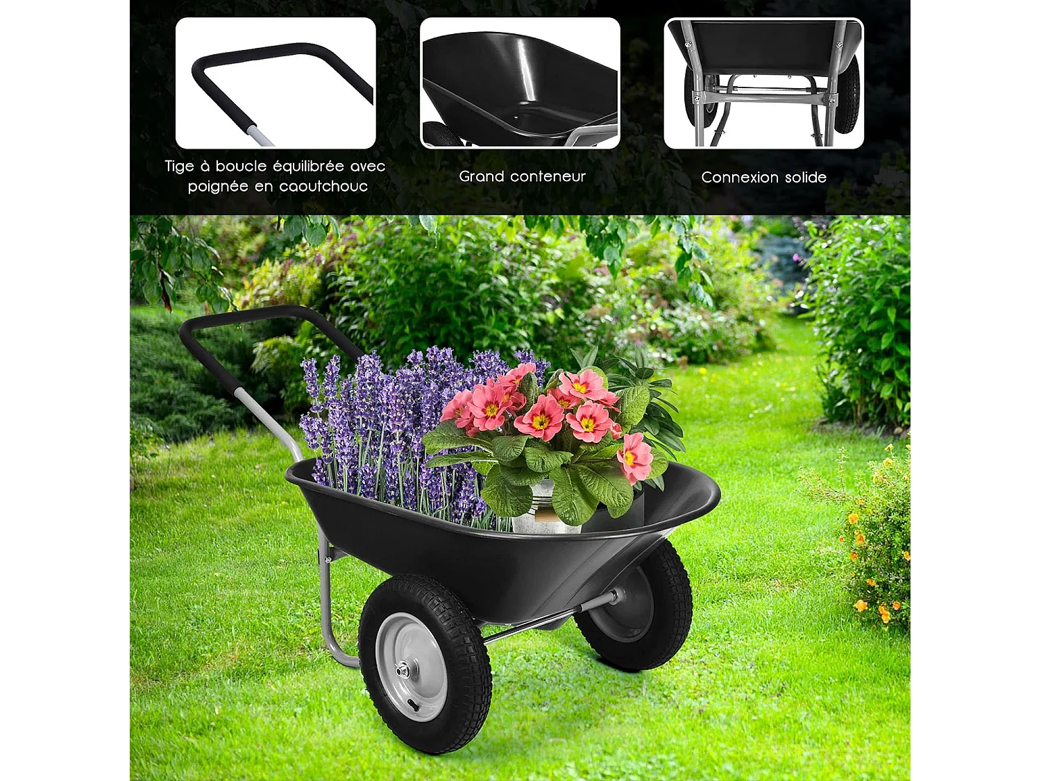 Brouette de Jardin 2 Roues Pneus Pneumatiques Ø35cm 141L Charge Max 150KG Résistante en Fer pour Jardinage/Maçonnerie Noir