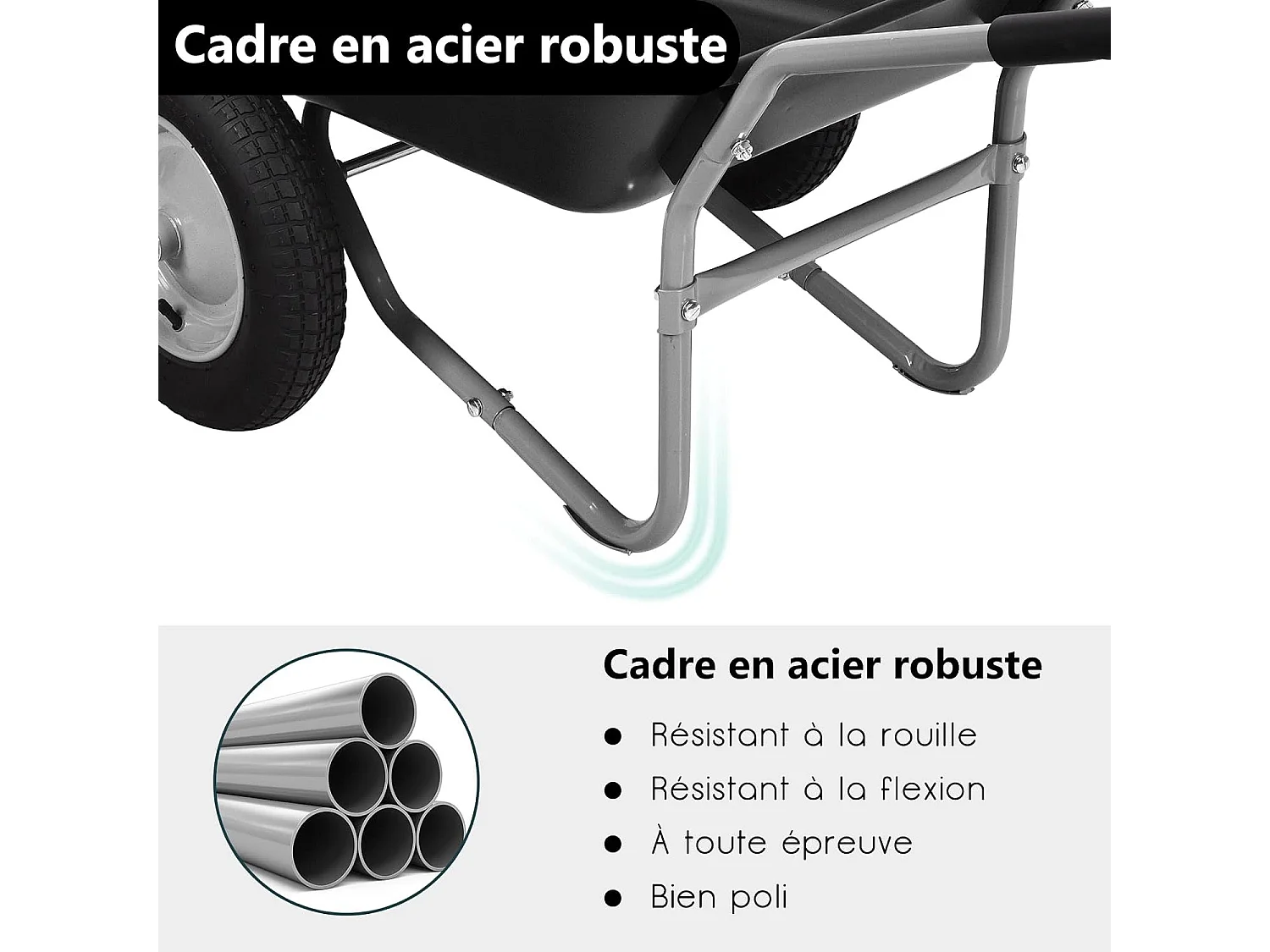 Brouette de Jardin 2 Roues Pneus Pneumatiques Ø35cm 141L Charge Max 150KG Résistante en Fer pour Jardinage/Maçonnerie Noir