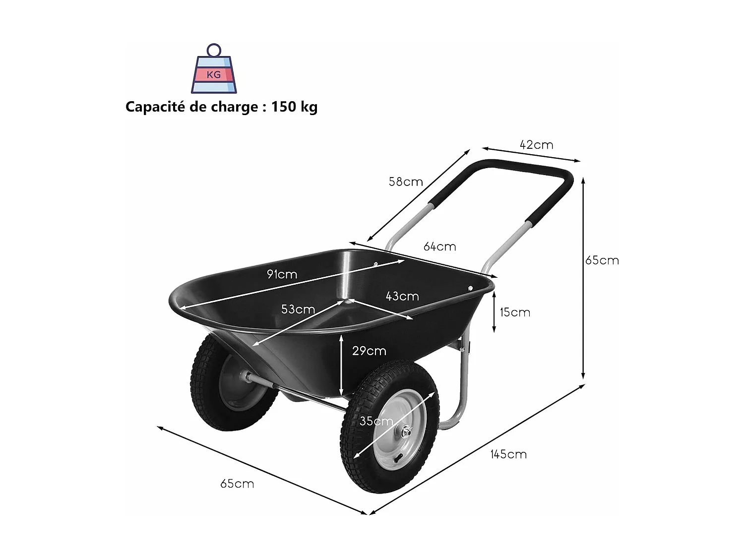 Brouette de Jardin 2 Roues Pneus Pneumatiques Ø35cm 141L Charge Max 150KG Résistante en Fer pour Jardinage/Maçonnerie Noir