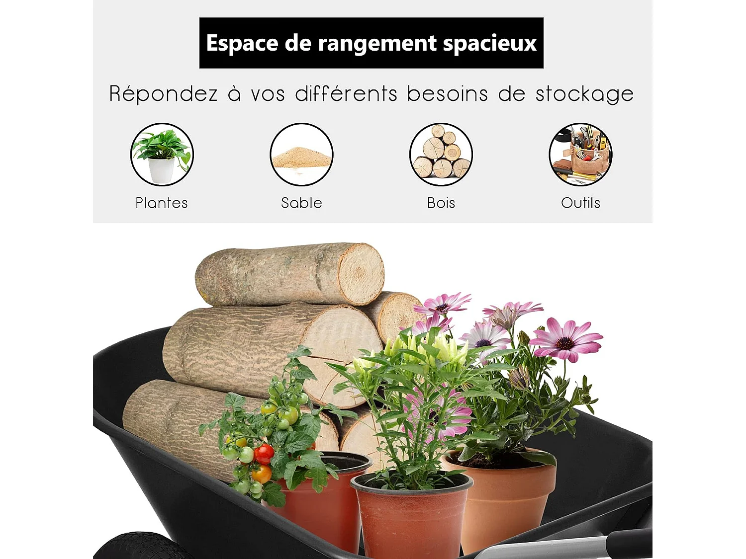 Brouette de Jardin 2 Roues Pneus Pneumatiques Ø35cm 141L Charge Max 150KG Résistante en Fer pour Jardinage/Maçonnerie Noir