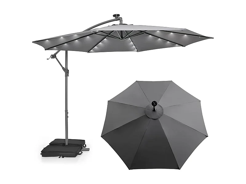 3x3M Offset Parasol, Grote Solar Verlichte Buitentuin Parasol met 2 Zandzakken, Kruisvoet, Kantelbare Parasol met Slinger, voor Balkon, Tuin, Terras Strand (Grijs)
