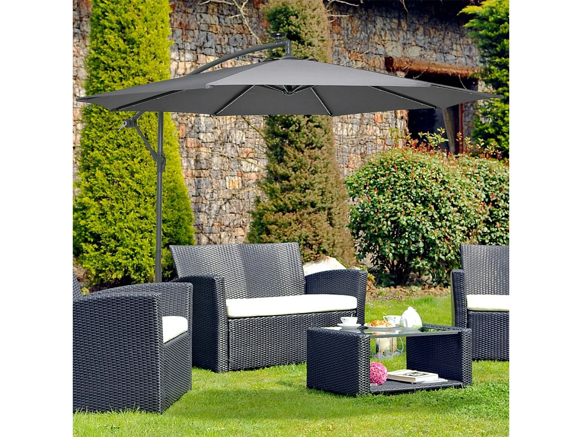 Parasol Déporté 3x3M, Grand Parasol de Jardin Extérieur Lumineux LED Solaire avec 2 Sacs de Sable, Base Croisée, Parasol Inclinable avec Manivelle, pour Balcon, Jardin, Terrasse Plage (Gris)