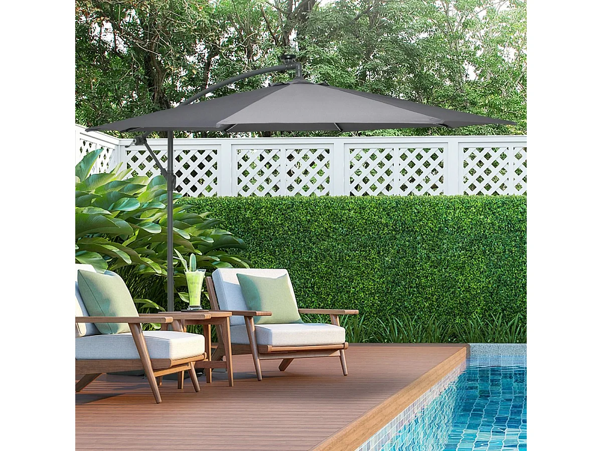 Parasol Déporté 3x3M, Grand Parasol de Jardin Extérieur Lumineux LED Solaire avec 2 Sacs de Sable, Base Croisée, Parasol Inclinable avec Manivelle, pour Balcon, Jardin, Terrasse Plage (Gris)
