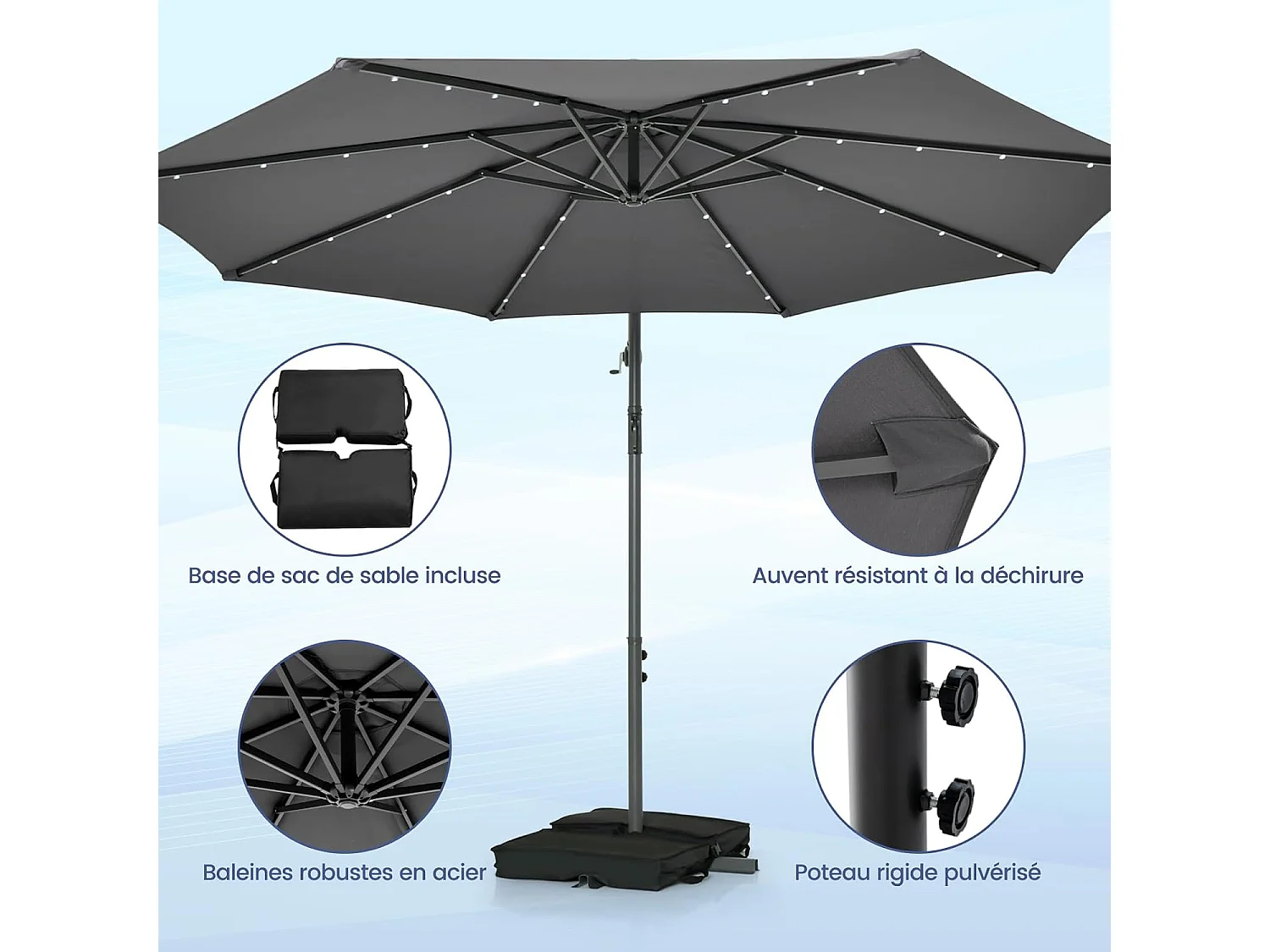 Parasol Déporté 3x3M, Grand Parasol de Jardin Extérieur Lumineux LED Solaire avec 2 Sacs de Sable, Base Croisée, Parasol Inclinable avec Manivelle, pour Balcon, Jardin, Terrasse Plage (Gris)