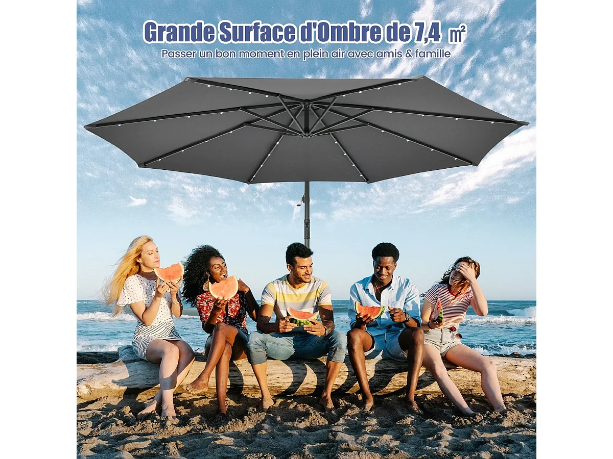 Parasol Déporté 3x3M, Grand Parasol de Jardin Extérieur Lumineux LED Solaire avec 2 Sacs de Sable, Base Croisée, Parasol Inclinable avec Manivelle, pour Balcon, Jardin, Terrasse Plage (Gris)