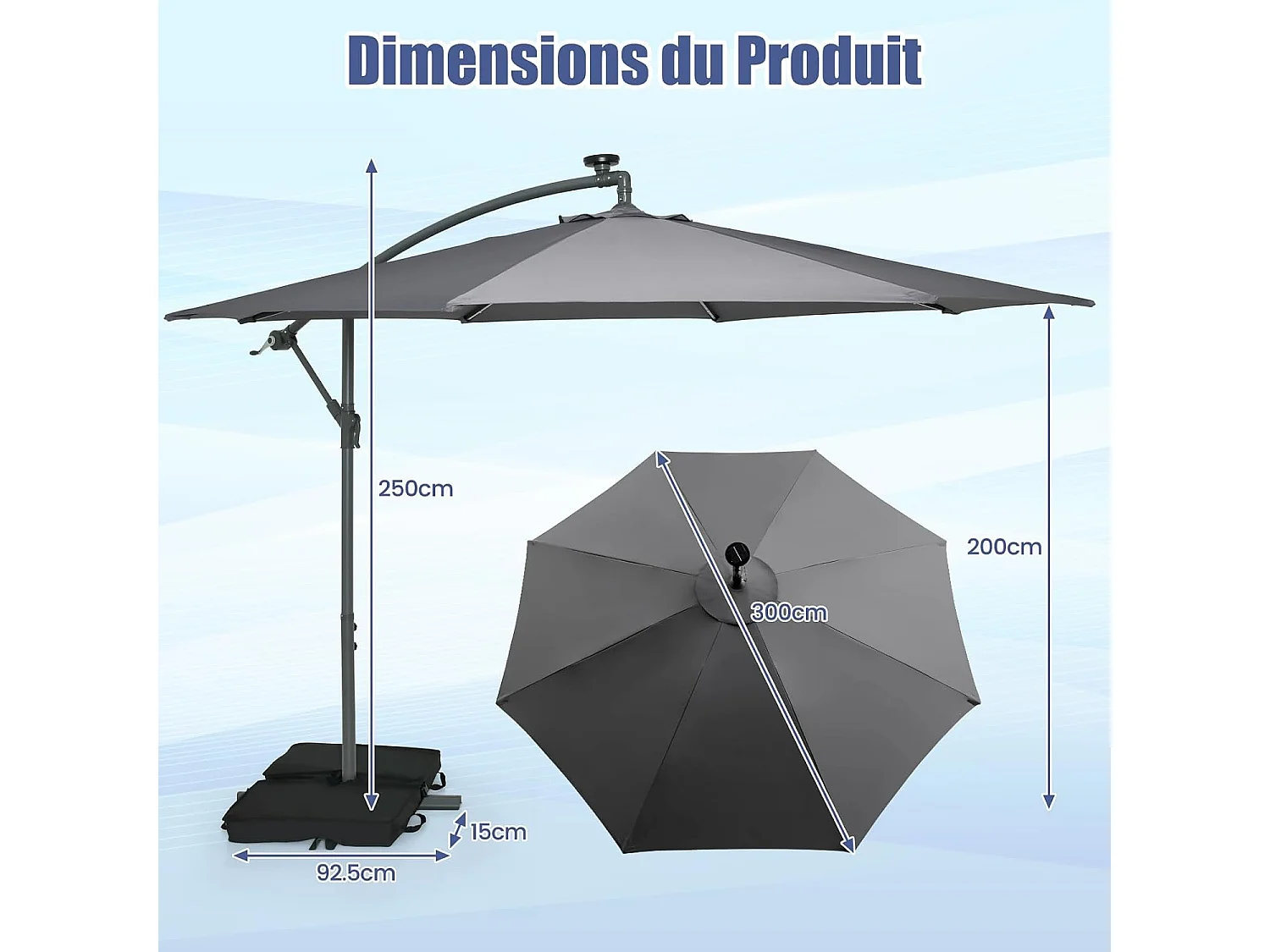 Parasol Déporté 3x3M, Grand Parasol de Jardin Extérieur Lumineux LED Solaire avec 2 Sacs de Sable, Base Croisée, Parasol Inclinable avec Manivelle, pour Balcon, Jardin, Terrasse Plage (Gris)