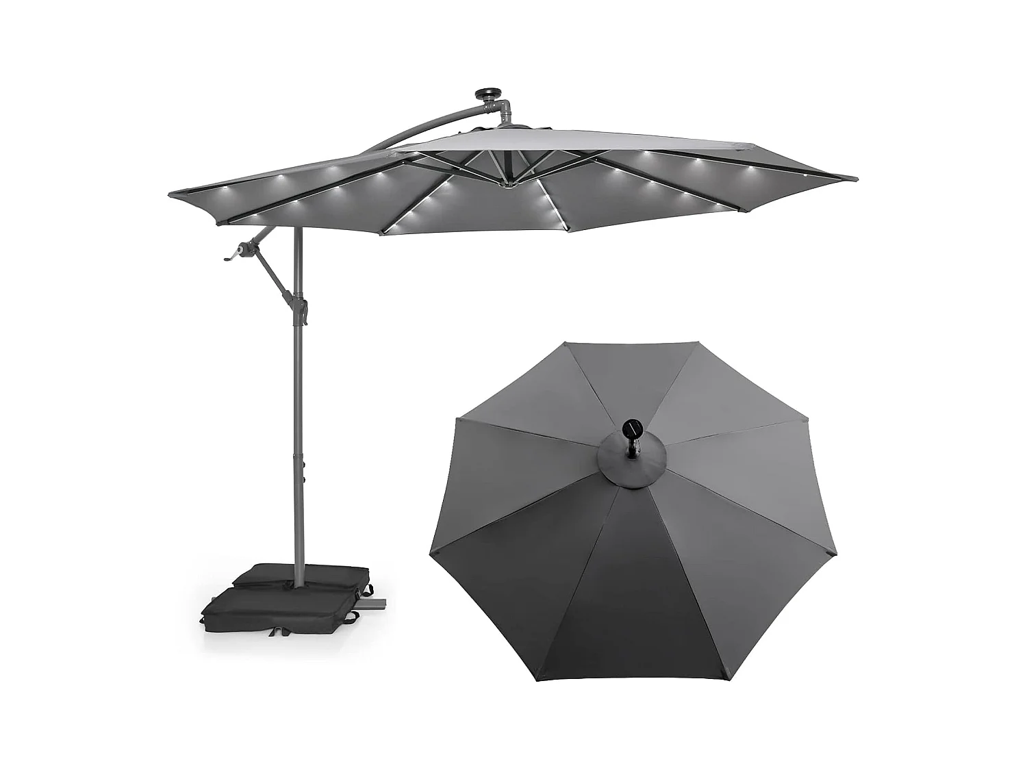 Parasol Déporté 3x3M, Grand Parasol de Jardin Extérieur Lumineux LED Solaire avec 2 Sacs de Sable, Base Croisée, Parasol Inclinable avec Manivelle, pour Balcon, Jardin, Terrasse Plage (Gris)